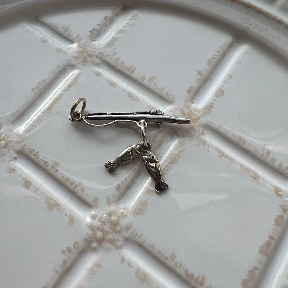 Vintage Fishing Pole Charm Pendant with Two Fish Silver Tone NOS